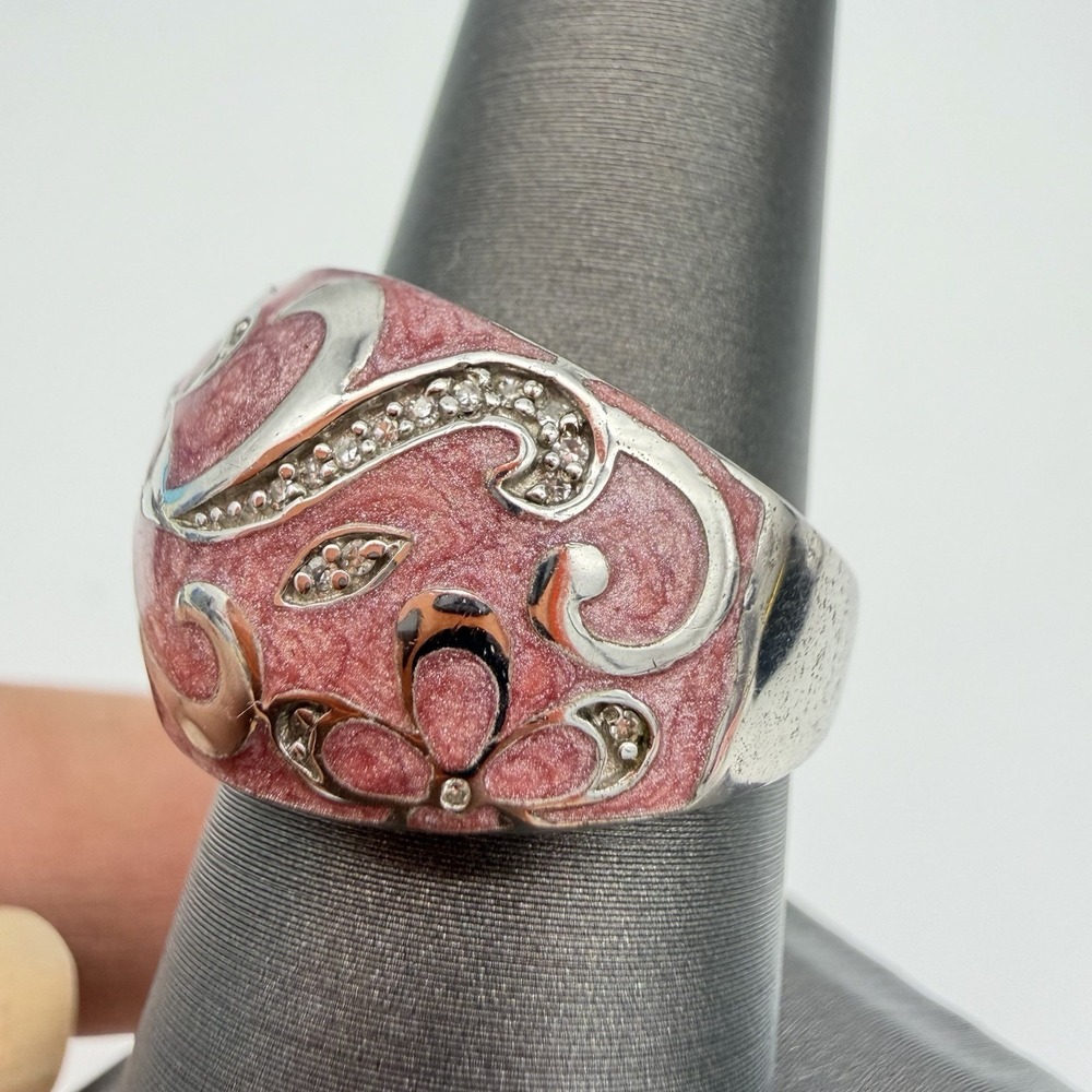 Vtg QVC Designer JWBR Sterling Silver Diamond Ring Floral Pink Enamel Sz7.25 - Picture 2 of 16